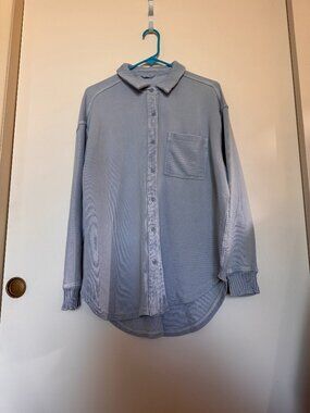 Aerie Baby Blue Washed Button Front Shacket | Ribbed Collar | Oversized | Size S